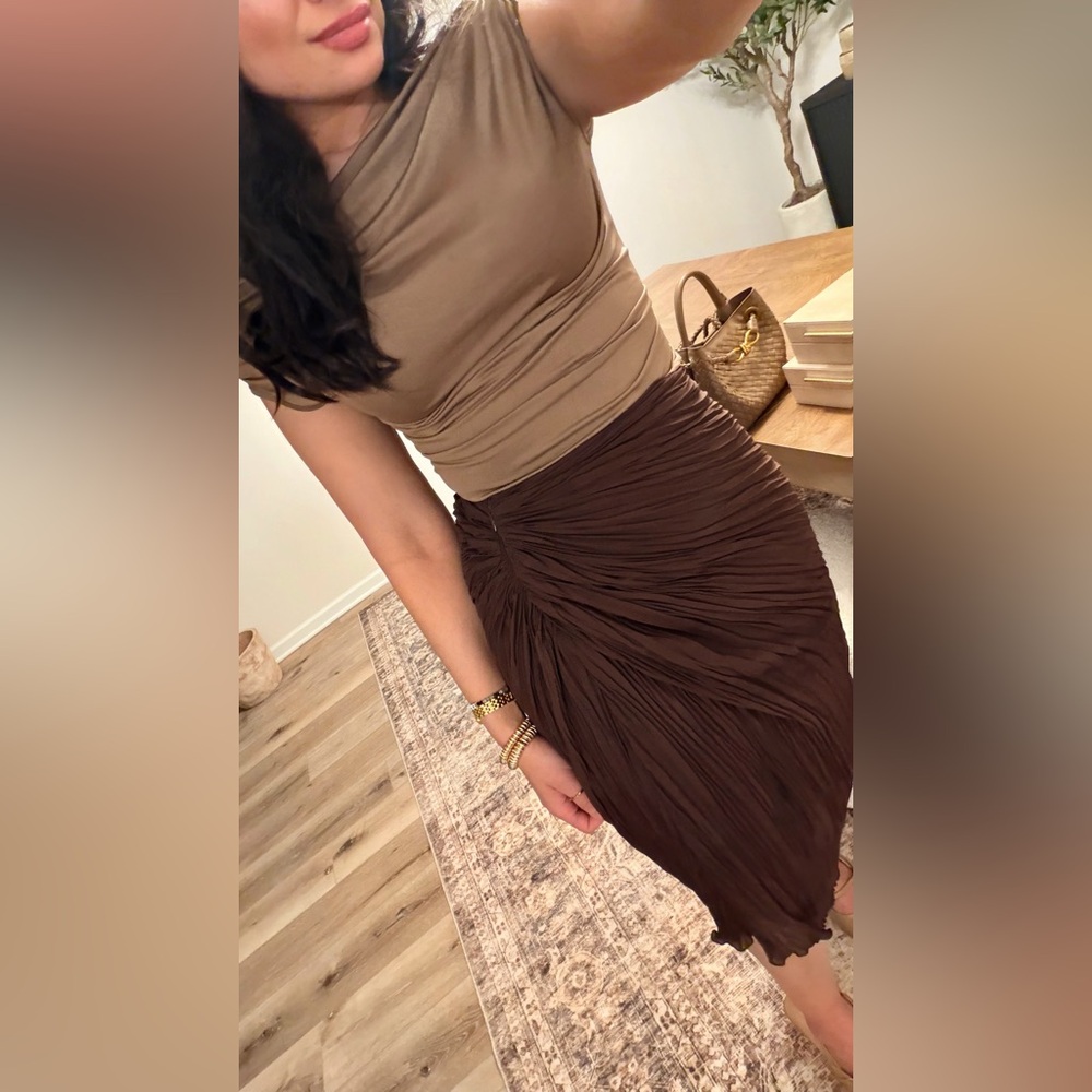Zara NWT ZW collection brown pleated asymmetrical midi skirt